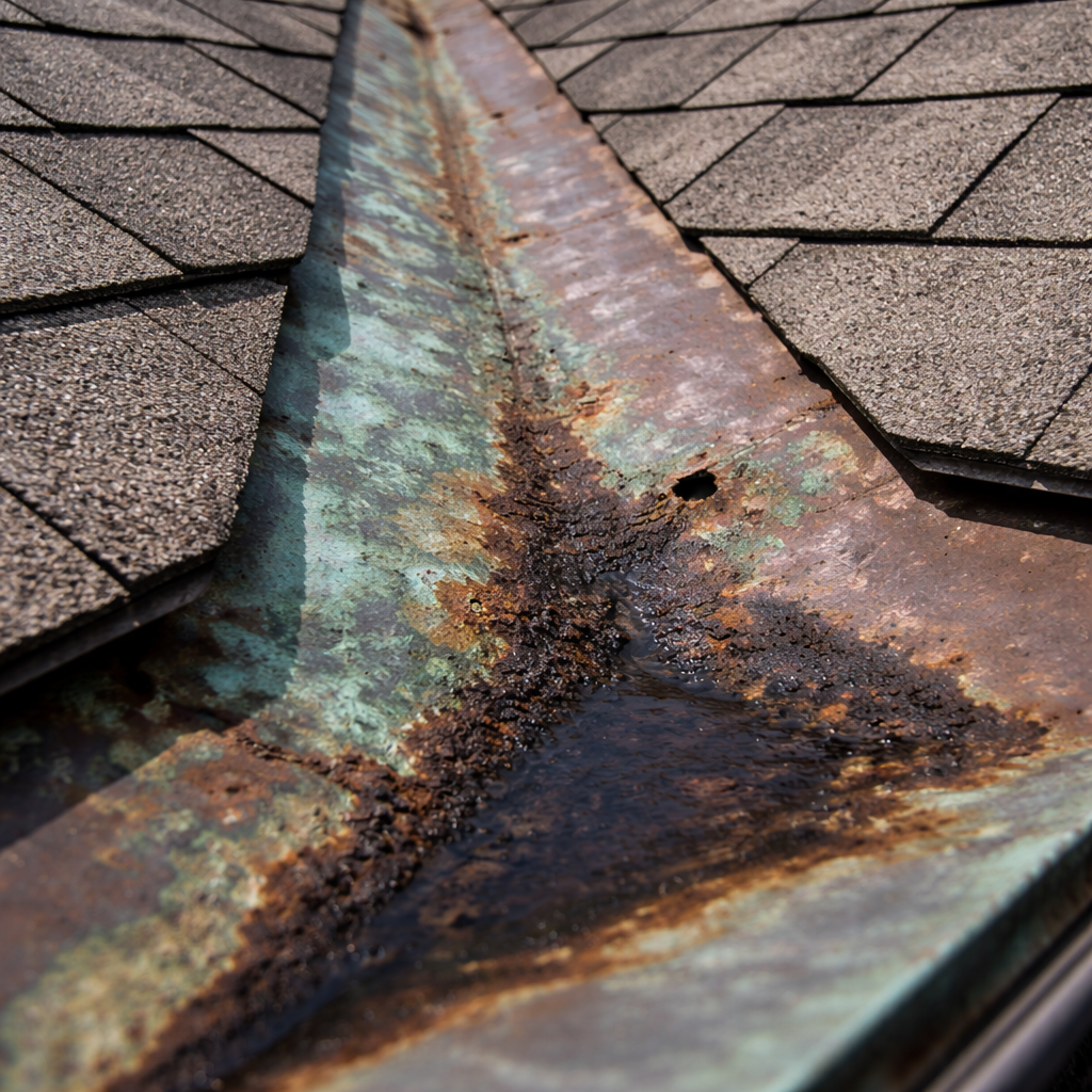 谷樋の銅板腐食による雨漏り